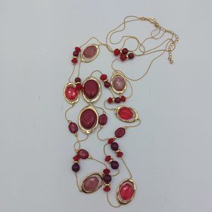 Gold Toned Chain Resin Stones Faceted Pink Ruby Red Very Long Double Strand 36"